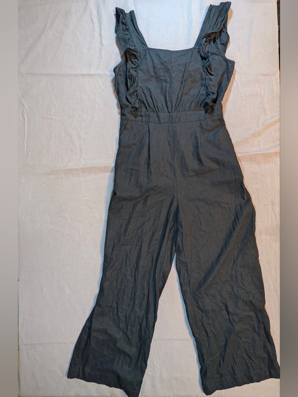 Who What Wear Black Ruffle-Shoulder Wide-Leg Linen Blend Jumpsuit